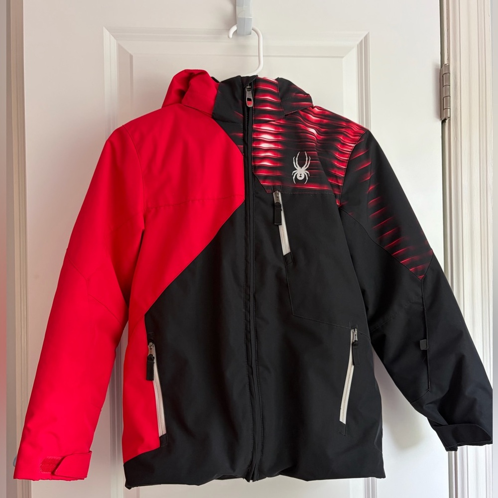 Spyder Red and Black Colorblock Kids Snow and Ski Insulated Hooded Coat